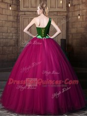 Customized Fuchsia One Shoulder Neckline Pattern Ball Gown Prom Dress Sleeveless Lace Up