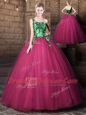 Customized Fuchsia One Shoulder Neckline Pattern Ball Gown Prom Dress Sleeveless Lace Up
