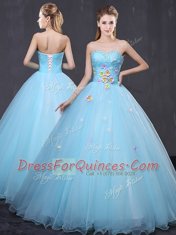 Trendy Floor Length Light Blue Sweet 16 Dress Sweetheart Sleeveless Lace Up