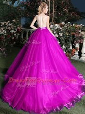 Exceptional Fuchsia Organza Zipper Scoop Sleeveless Sweet 16 Dresses Brush Train Appliques and Belt