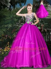 Exceptional Fuchsia Organza Zipper Scoop Sleeveless Sweet 16 Dresses Brush Train Appliques and Belt
