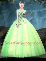 Latest Multi-color Sleeveless Appliques Floor Length Quinceanera Gown