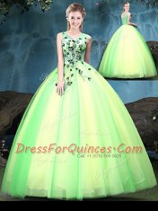 Latest Multi-color Sleeveless Appliques Floor Length Quinceanera Gown