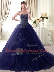 Navy Blue Ball Gowns Sweetheart Sleeveless Tulle Floor Length Lace Up Beading 15 Quinceanera Dress