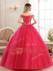 Excellent Sequins Floor Length Red Sweet 16 Quinceanera Dress Off The Shoulder Sleeveless Lace Up