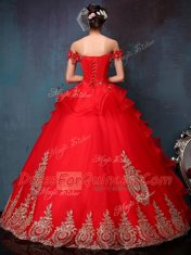 Off the Shoulder Beading and Appliques and Ruffles Quinceanera Dress Red Lace Up Sleeveless Floor Length