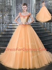 Straps Orange Sleeveless Brush Train Beading and Appliques With Train 15th Birthday Dress