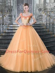 Straps Orange Sleeveless Brush Train Beading and Appliques With Train 15th Birthday Dress