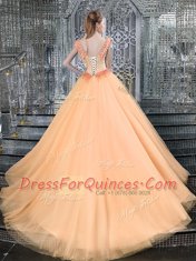 Straps Orange Sleeveless Brush Train Beading and Appliques With Train 15th Birthday Dress
