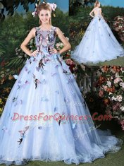 Custom Design Floor Length Light Blue Quinceanera Gown Scoop Sleeveless Brush Train Lace Up