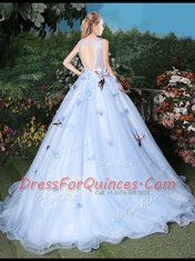 Custom Design Floor Length Light Blue Quinceanera Gown Scoop Sleeveless Brush Train Lace Up