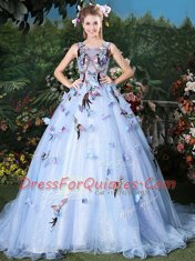 Custom Design Floor Length Light Blue Quinceanera Gown Scoop Sleeveless Brush Train Lace Up
