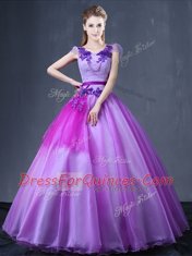 Lavender V-neck Neckline Lace and Appliques Quinceanera Gowns Short Sleeves Lace Up