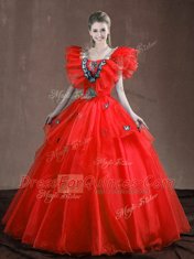 Red Sweetheart Neckline Appliques and Ruffles Vestidos de Quinceanera Sleeveless Lace Up