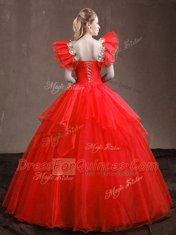 Red Sweetheart Neckline Appliques and Ruffles Vestidos de Quinceanera Sleeveless Lace Up