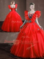 Red Sweetheart Neckline Appliques and Ruffles Vestidos de Quinceanera Sleeveless Lace Up
