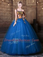 Graceful Blue Ball Gowns Tulle One Shoulder Sleeveless Pattern Floor Length Lace Up Quince Ball Gowns