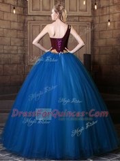 Graceful Blue Ball Gowns Tulle One Shoulder Sleeveless Pattern Floor Length Lace Up Quince Ball Gowns