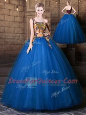 Graceful Blue Ball Gowns Tulle One Shoulder Sleeveless Pattern Floor Length Lace Up Quince Ball Gowns