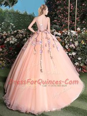 Flirting Peach Tulle Lace Up Quinceanera Dresses Sleeveless With Brush Train Appliques