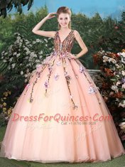 Flirting Peach Tulle Lace Up Quinceanera Dresses Sleeveless With Brush Train Appliques