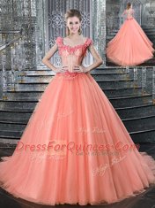 Straps Peach Lace Up 15th Birthday Dress Beading Sleeveless With Brush Train