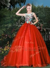 Perfect Red Scoop Zipper Appliques and Belt Quinceanera Gown Brush Train Sleeveless