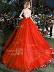 Perfect Red Scoop Zipper Appliques and Belt Quinceanera Gown Brush Train Sleeveless