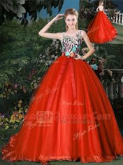Perfect Red Scoop Zipper Appliques and Belt Quinceanera Gown Brush Train Sleeveless