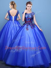 Scoop Cap Sleeves Tulle Floor Length Lace Up Sweet 16 Dress in Royal Blue with Appliques