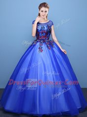 Scoop Cap Sleeves Tulle Floor Length Lace Up Sweet 16 Dress in Royal Blue with Appliques