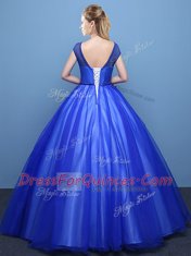 Scoop Cap Sleeves Tulle Floor Length Lace Up Sweet 16 Dress in Royal Blue with Appliques