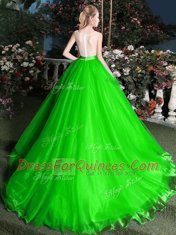 Shining Scoop Sleeveless Quince Ball Gowns Brush Train Appliques and Belt Organza