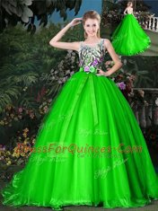 Shining Scoop Sleeveless Quince Ball Gowns Brush Train Appliques and Belt Organza