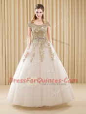 Fine Floor Length White 15 Quinceanera Dress Scoop Short Sleeves Lace Up