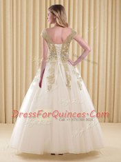 Fine Floor Length White 15 Quinceanera Dress Scoop Short Sleeves Lace Up