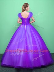 Dramatic Purple Scoop Neckline Appliques Quinceanera Gown Short Sleeves Lace Up