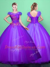 Dramatic Purple Scoop Neckline Appliques Quinceanera Gown Short Sleeves Lace Up