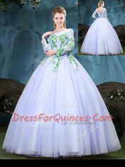 Scoop Floor Length Ball Gowns Long Sleeves Lavender Quince Ball Gowns Lace Up