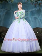 Scoop Floor Length Ball Gowns Long Sleeves Lavender Quince Ball Gowns Lace Up