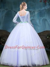 Scoop Floor Length Ball Gowns Long Sleeves Lavender Quince Ball Gowns Lace Up