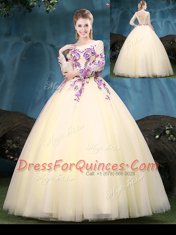 Scoop Light Yellow Long Sleeves Floor Length Appliques Lace Up Quinceanera Gown