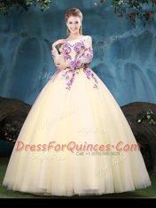 Scoop Light Yellow Long Sleeves Floor Length Appliques Lace Up Quinceanera Gown
