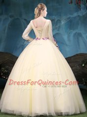Scoop Light Yellow Long Sleeves Floor Length Appliques Lace Up Quinceanera Gown