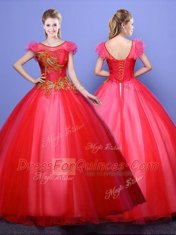 Designer Coral Red Ball Gowns Tulle Scoop Short Sleeves Appliques Floor Length Lace Up Vestidos de Quinceanera