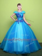 Scoop Tulle Short Sleeves Floor Length Quinceanera Gown and Appliques