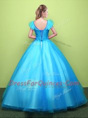 Scoop Tulle Short Sleeves Floor Length Quinceanera Gown and Appliques