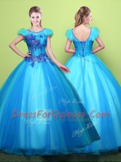 Scoop Tulle Short Sleeves Floor Length Quinceanera Gown and Appliques
