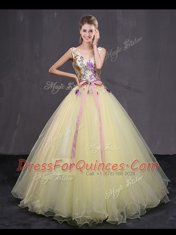 Floor Length Ball Gowns Sleeveless Light Yellow 15th Birthday Dress Lace Up