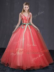 Tulle Sleeveless Floor Length Quinceanera Dresses and Appliques and Belt
